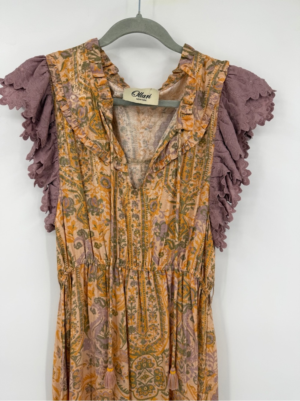 Anthro x Ollari Boho Paisley Maxi Dress Lace Flutter Sleeve Tiered Midi - Picture 4 of 6